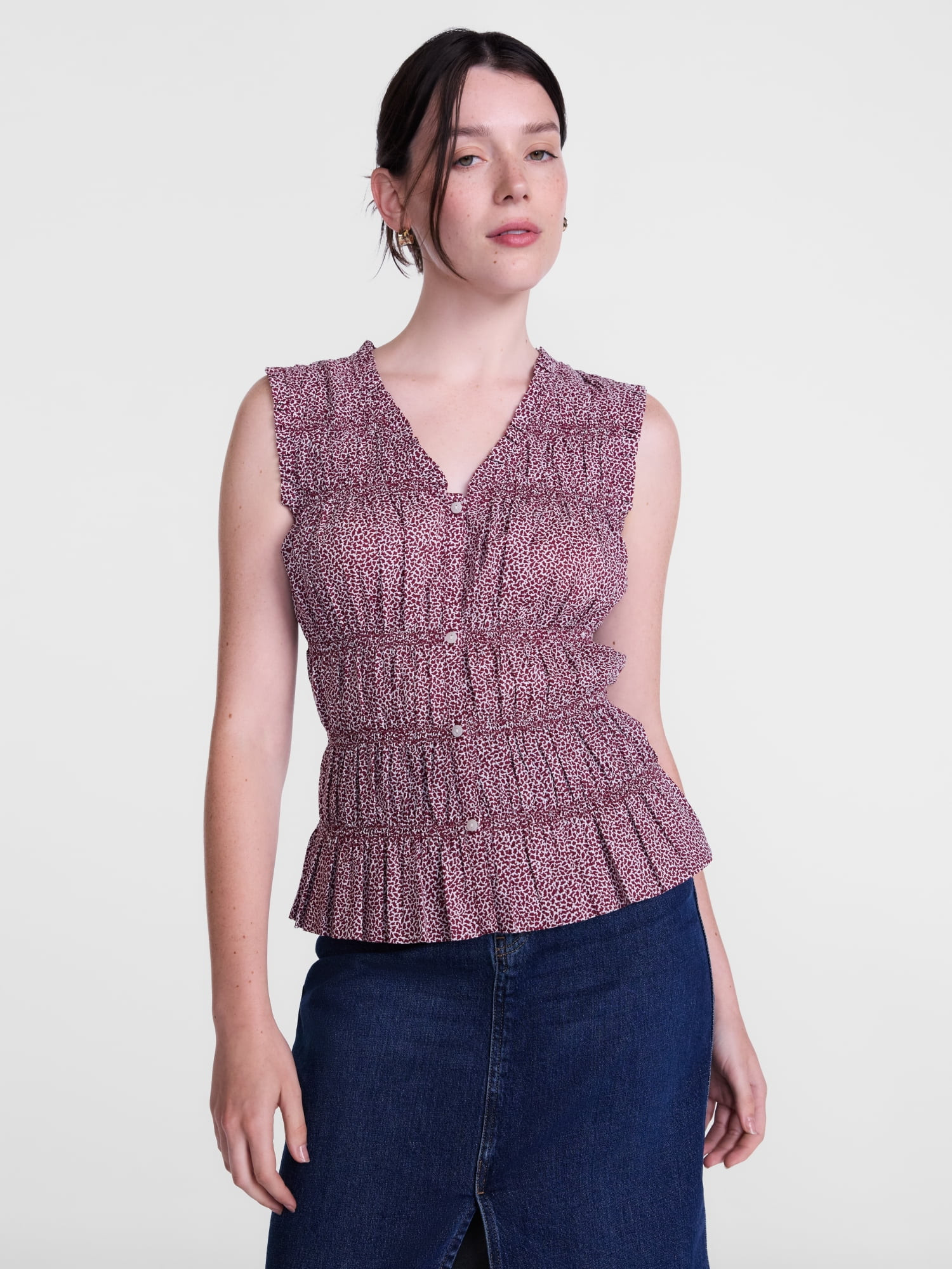 Scenario Women's Smocked Sleeveless Button Front Top, Sizes XS-XXXL - Walmart.com | Walmart (US)