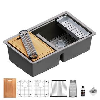 QUWS-880 Quartz/Granite 32-1/2 in. Double Bowl Undermount Workstation Kitchen Sink in Concrete | The Home Depot