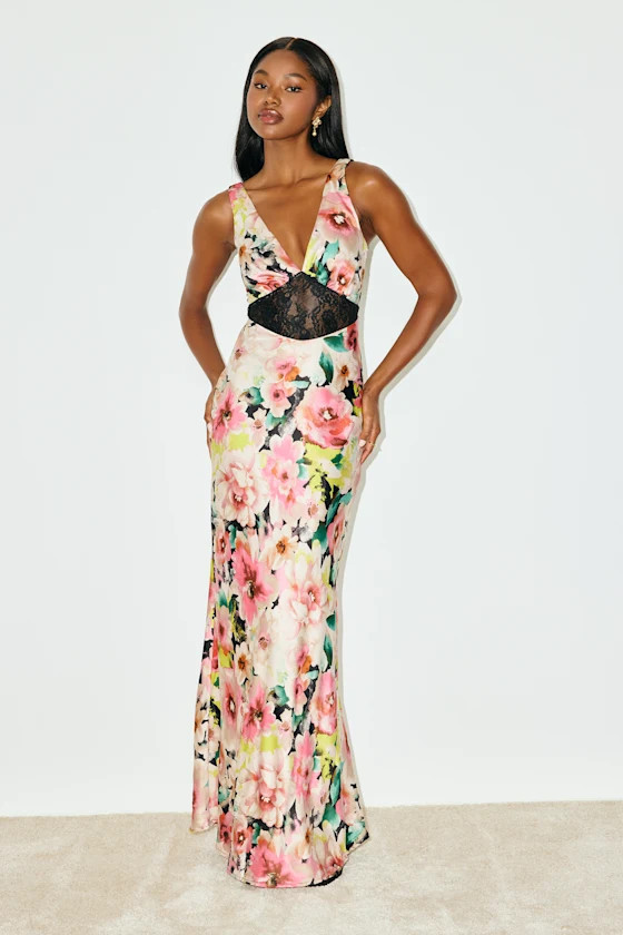 Solaina Pink and Black Multi Floral Satin Lace Maxi Dress | Lulus