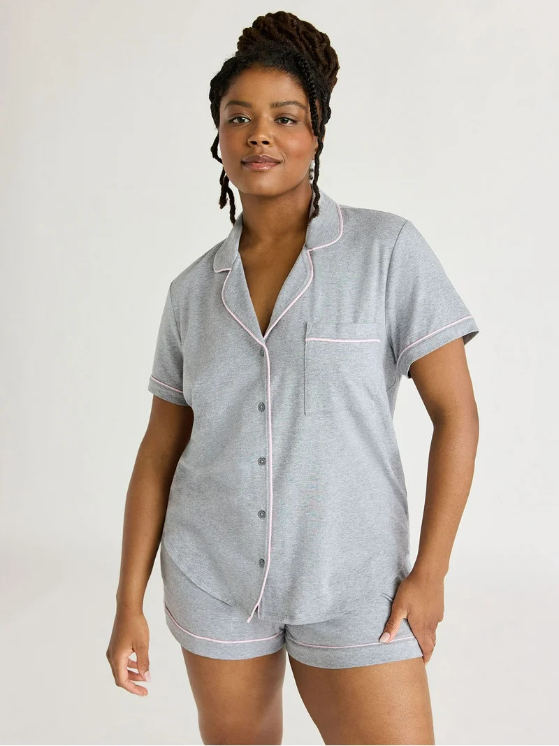 Joyspun Women's Cotton Blend Notch Collar Top and Shorts Pajama Set, 2-Piece, Sizes S to 4X | Walmart (US)