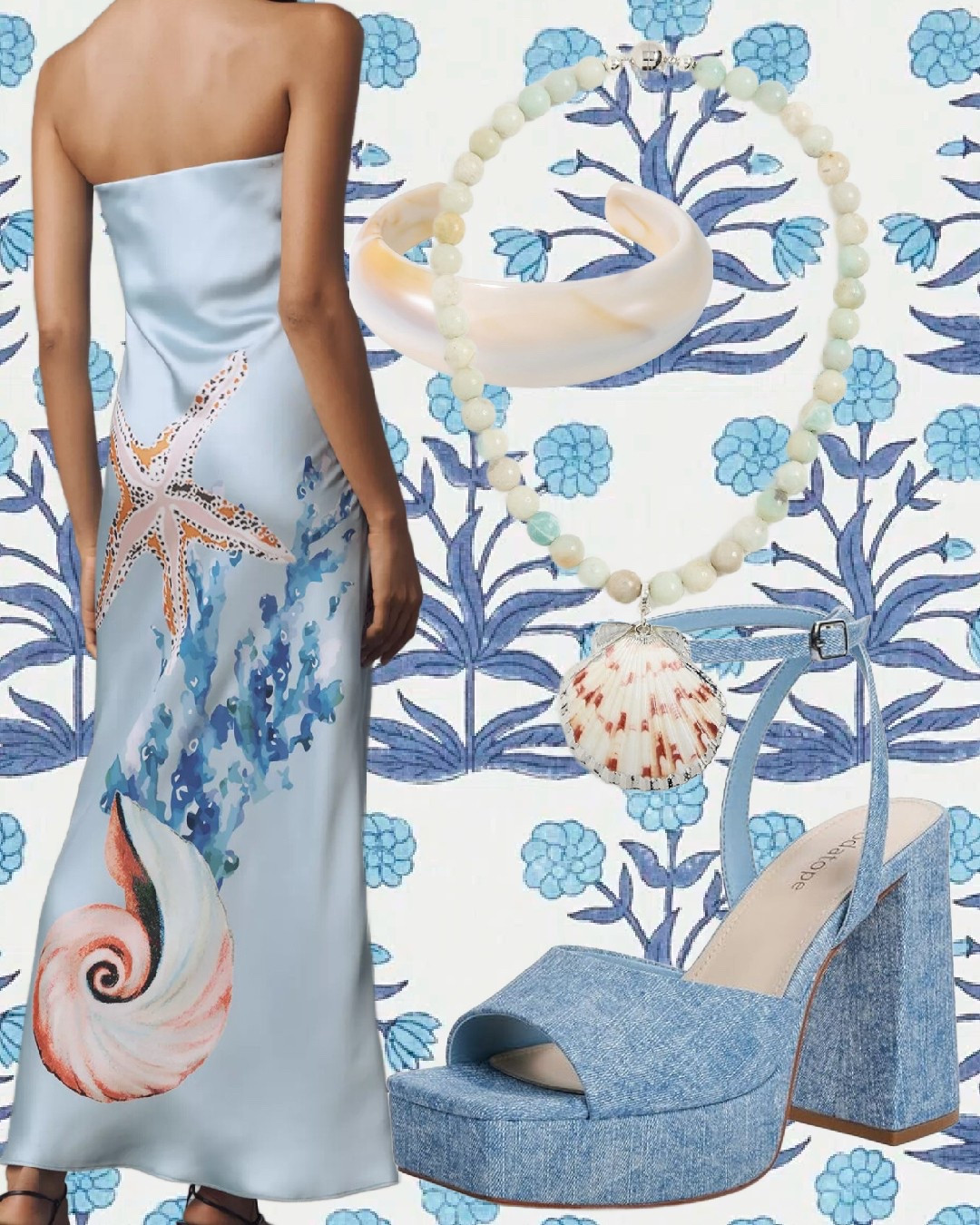 Resort dresses, vacation dresses, heels, shell necklace, resin bracelet, seashells 