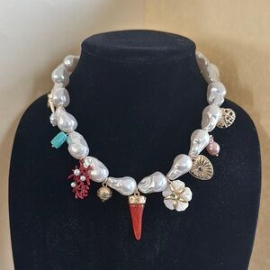 HOUSE OF HARLOW Large Glass Pearl & Charm Necklace Gold Tone Shell Starfish NWT | Poshmark