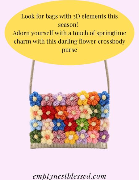 Adorn yourself with a touch of springtime charm with this darling flower crossbody purse.


#LTKSeasonal #LTKunder50 #LTKstyletip