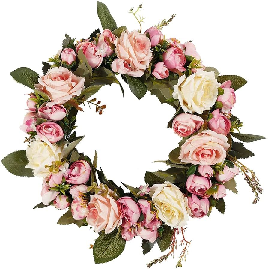 Artificial Roses Flowers Wreath 13 Inch Floral Garland Welcome Door Wreath Vintage Fake Flowers w... | Amazon (US)