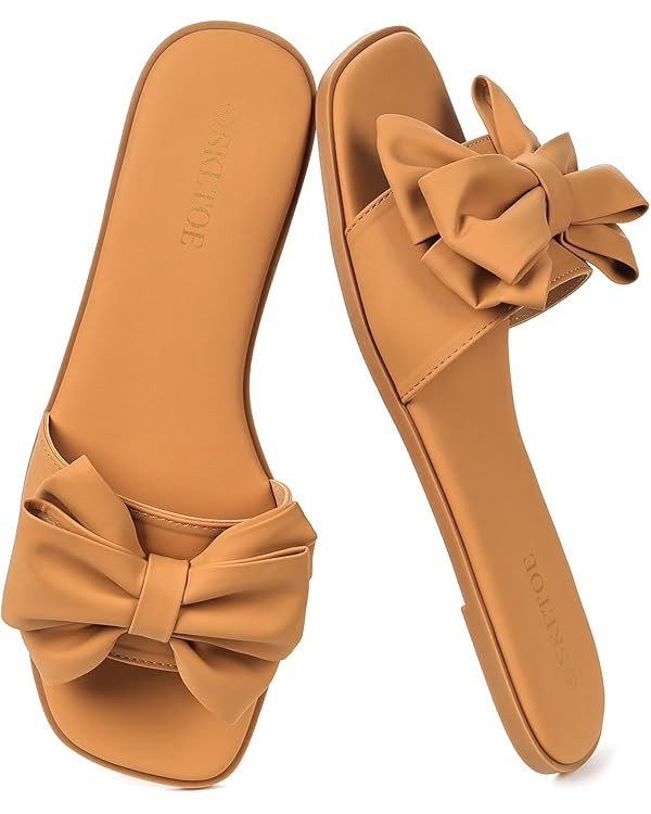 Women's Bow Flat Sandals Open Saquare Toe Sandals Comfortable Slide Slip On Sandals for Wedding B... | Amazon (US)