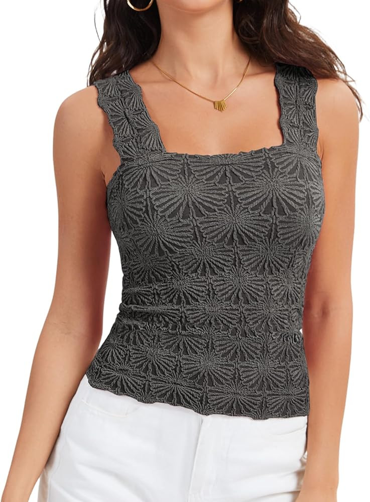 Women's Square Neck Wide Strap Crop Tank Tops Slim Fit Sleeveless Going Out Top Flower Lettuce Tr... | Amazon (US)