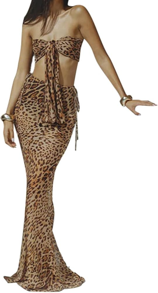 Women Sexy 2 Piece Outfits Leopard Print Sleeveless Strapless Fringe Top Maxi Skirt Beach Vacatio... | Amazon (US)