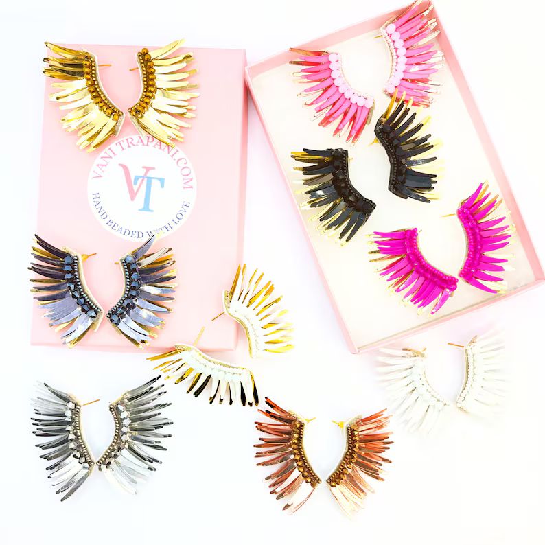 Angel Wing earrings, Statement handmade earrings, gold sequin angel wings party earring, unique b... | Etsy (US)