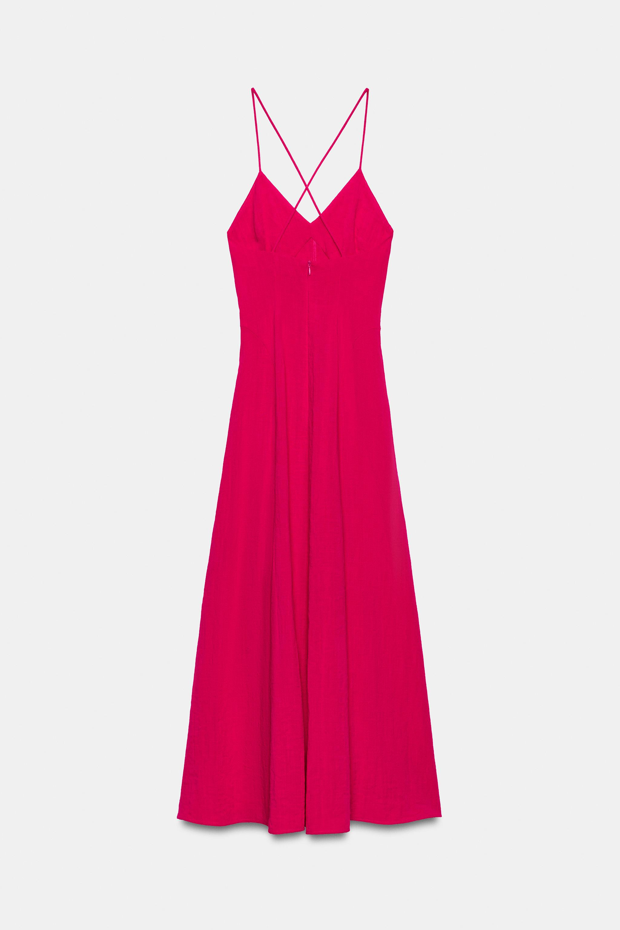 Midi dress with a V-neckline and spaghetti straps that cross at the back. A-line hem. Back hidden... | Zara US