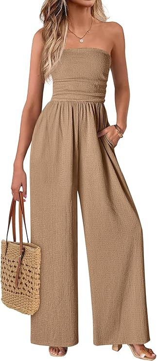 MASCOMODA Strapless One Piece Jumpsuits for Women Dressy Casual Summer Smocked Tube Top Wide Leg ... | Amazon (US)