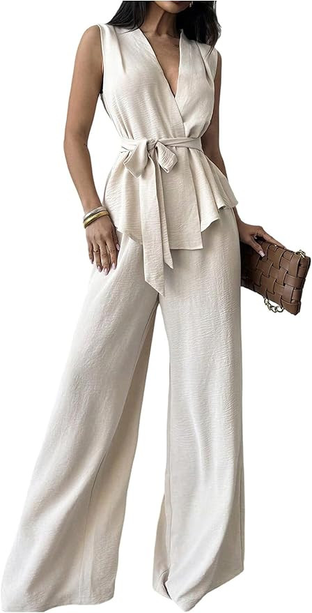 Verdusa Women's 2 Piece Old Money Clothes Tie Waist Wrap Vest with Dress Pants Clothing Sets | Amazon (US)