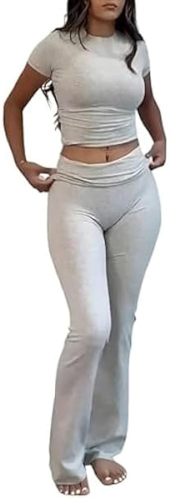 Two Piece Lounge Sets for Women Fold Over Flare Pants Short Sleeve Crop Top Y2k Outfits Matching ... | Amazon (US)