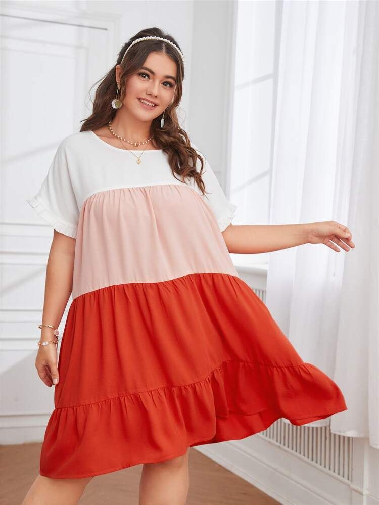 New
     
      Plus Color Block Dolman Sleeve Ruffle Hem Smock Dress | SHEIN