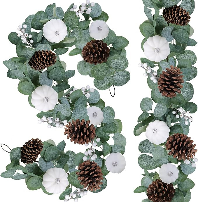 2 Pack White Pumpkin Garland Artificial Eucalyptus Garland with White Pumpkins Pinecones Berries ... | Amazon (US)