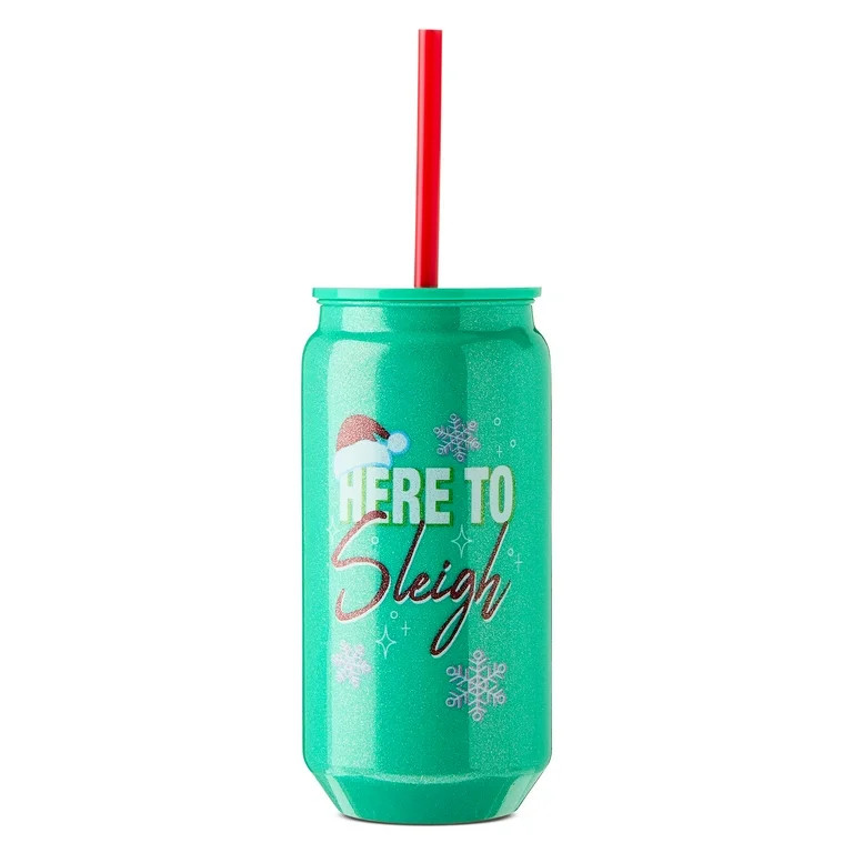 Plastic Christmas Tumbler with Straw and Lid, Here to Sleigh, Red and Green, 20 fl oz, by Holiday... | Walmart (US)