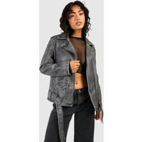 Womens Oversized Washed Faux Leather Moto Jacket - Black - M/L | boohoo (US & Canada)