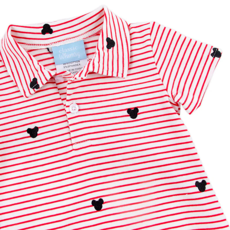 Mouse Ears Schiffli Red Stripe Polo Romper | Classic Whimsy