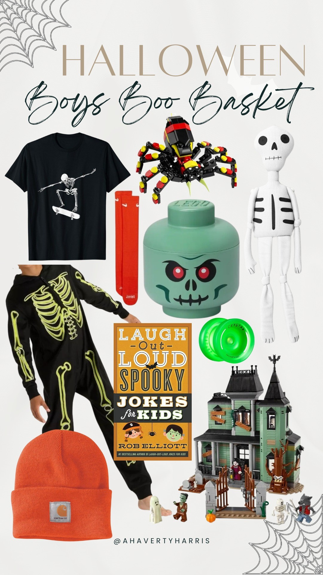 Halloween Boys Boo Basket inspo - I love holiday themed building sets like these lego spider, haunted mansion,  and skeleton storage head,  knit skeleton,  Halloween toys, Halloween pajamas,  skeleton pajama, skeleton t-shirt, and orange athletic Nike socks and beanie. The perfect spooky season Halloween basket for kids with stuff they'll actually use! 

#LTKKids #LTKFamily #LTKHalloween