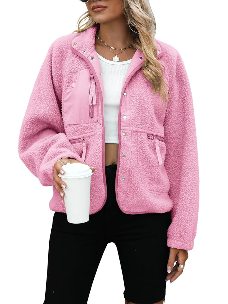 Yanekop Womens Fleece Jacket Fuzzy Long Sleeve Short Winter Coats Button Down Sherpa Jacket Outer... | Amazon (US)