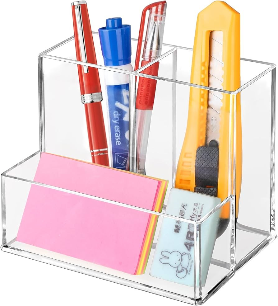 Pen Holder for Desk, Clear Acrylic Pencil Holder for Desk, Marker Holder with 3 Compartments, Pen... | Amazon (US)