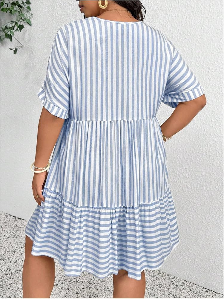 SOLY HUX Women's Plus Size Striped Ruffle Dress Summer Deep V Neck Half Sleeve Flowy Babydoll Dre... | Amazon (US)