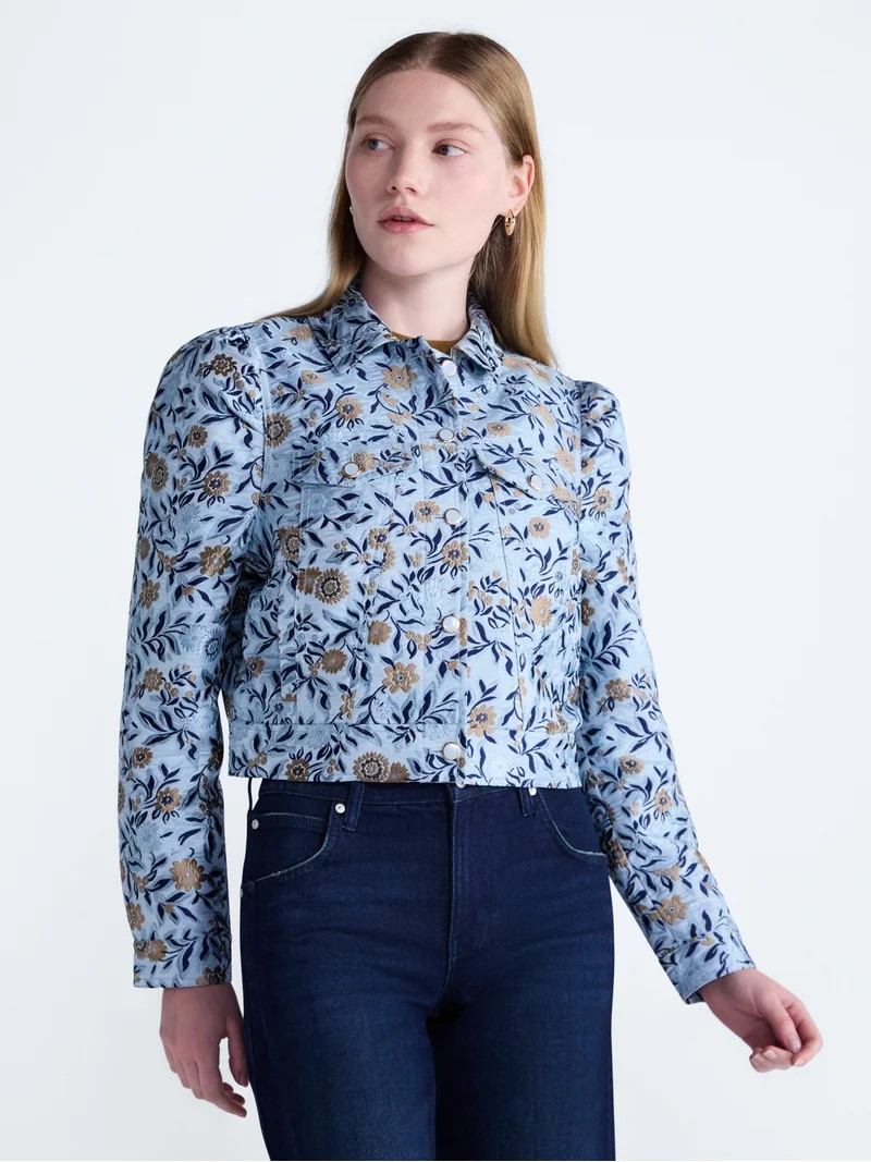 Scoop Women\u2019s and Women's Plus Cropped Trucker Jacket with Puff Sleeves, Sizes XS-4X | Walmart (US)