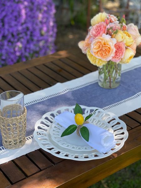 Outdoor summer tablescape with fresh flowers. Outdoor table decor. Best outdoor dining table under $250. Amazon outdoor dining table. Amazon table decor. Mother’s Day brunch. Farmhouse table decor. Farmhouse tablescape. Garden roses. Rose plants in trending colors. Beautiful summer table setting. Woven table decor. Coastal summer tablescape. Coastal cowgirl tablescape. Coastal cowgirl table decor. Coastal cowgirl table setting. Lemon decor. French blue table runner. Amazon home. Amazon finds. Walmart home. Walmart finds. Williams Sonoma Home. Williams Sonoma finds. 💗🌸🍋

#LTKunder100 #LTKFind #LTKhome
