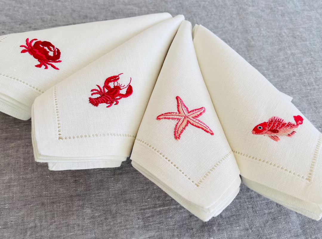 White linen napkins embroodered with marine animals, set of 4 linen napkins with - lobster, crab,... | Etsy (US)