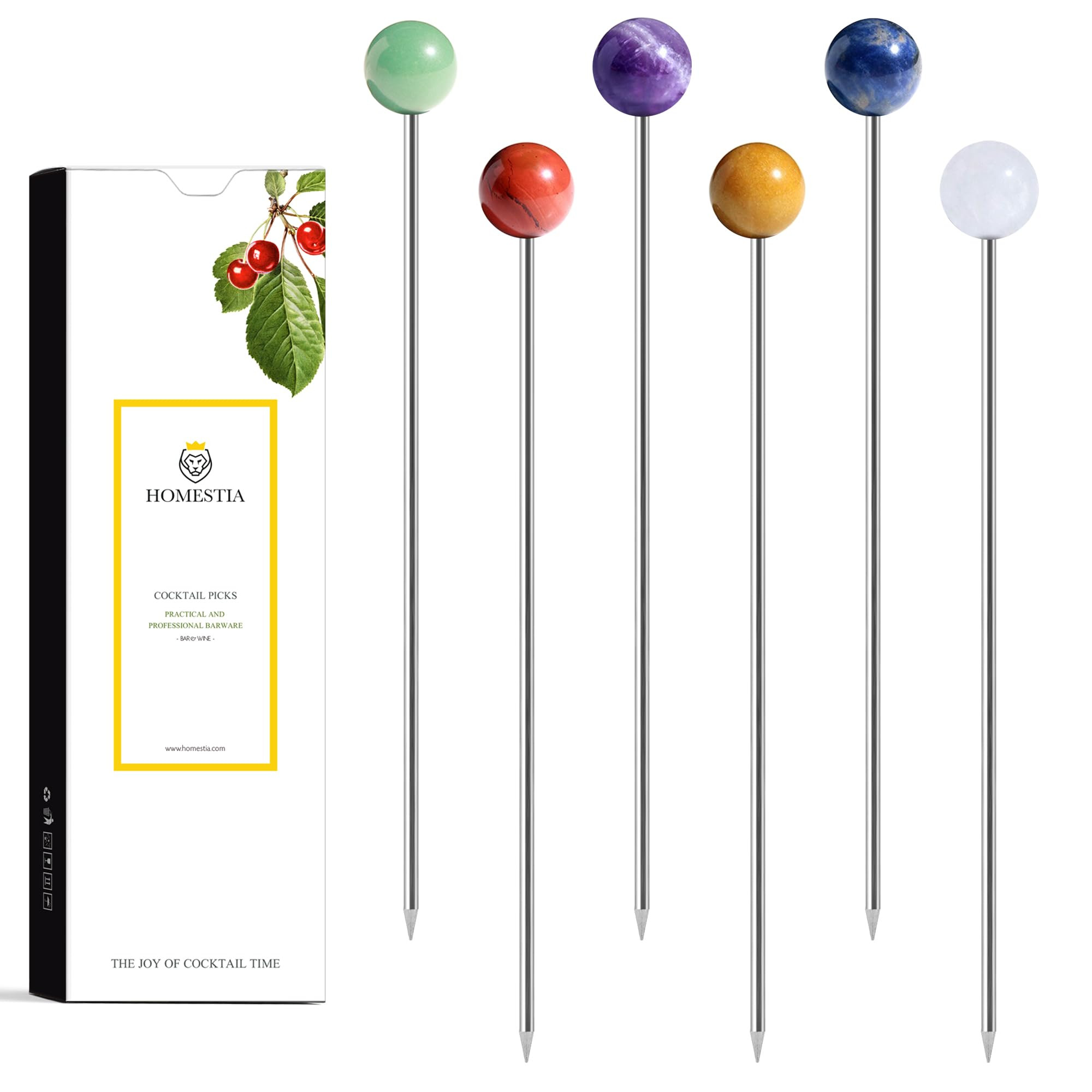 Homestia 6PCS Crystal Cocktail Picks for Drinks, 4.6" Colourful Natural Gemstone Martini Sticks C... | Amazon (US)