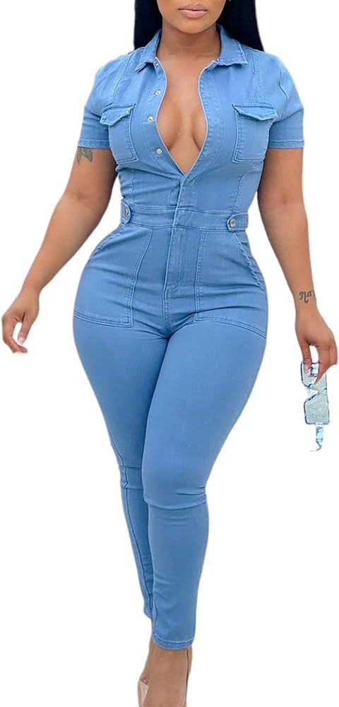 Sexyshine Women's Sexy Button Down Slim Fit Denim Long Jumpsuit Playsuit Lapel Full length Jeans ... | Amazon (US)