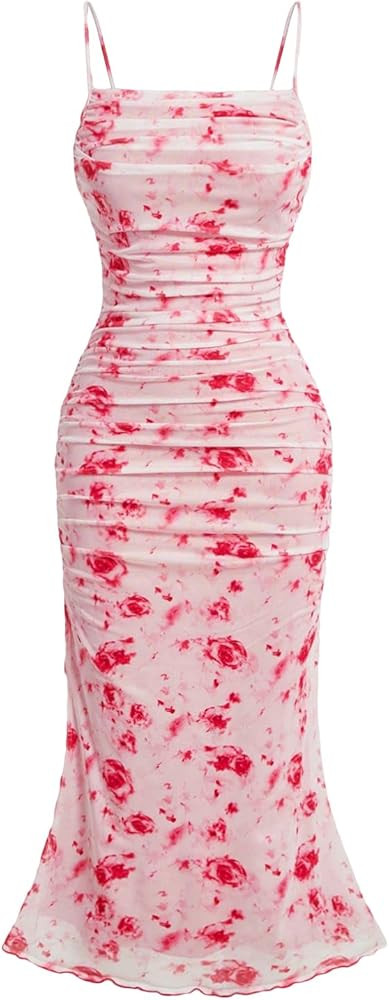 GORGLITTER Women's Floral Ruched Bodycon Midi Dress Mesh Sleeveless Fishtail Cami Dresses | Amazon (US)