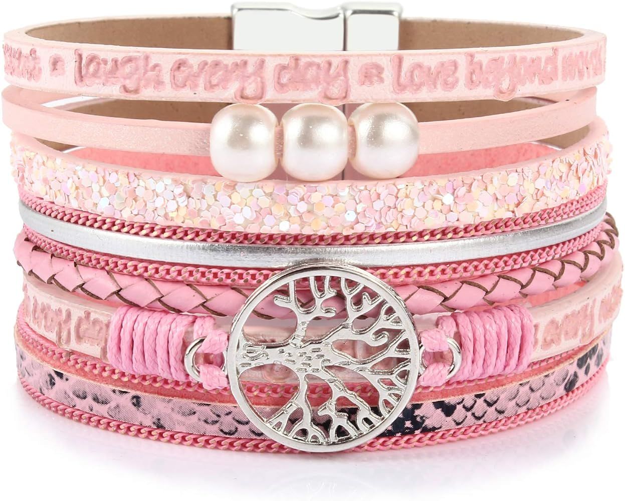 FANCY SHINY Tree of Life Leather Wrap Bracelet Inspirational Cuff Bangles Boho Pearl Bracelets wi... | Amazon (US)
