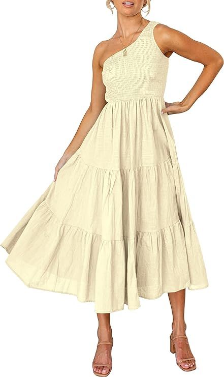 LOGENE Women's One Shoulder Sleeveless Casual Summer Dresses Smocked High Waist Boho Pleated Swing M | Amazon (US)