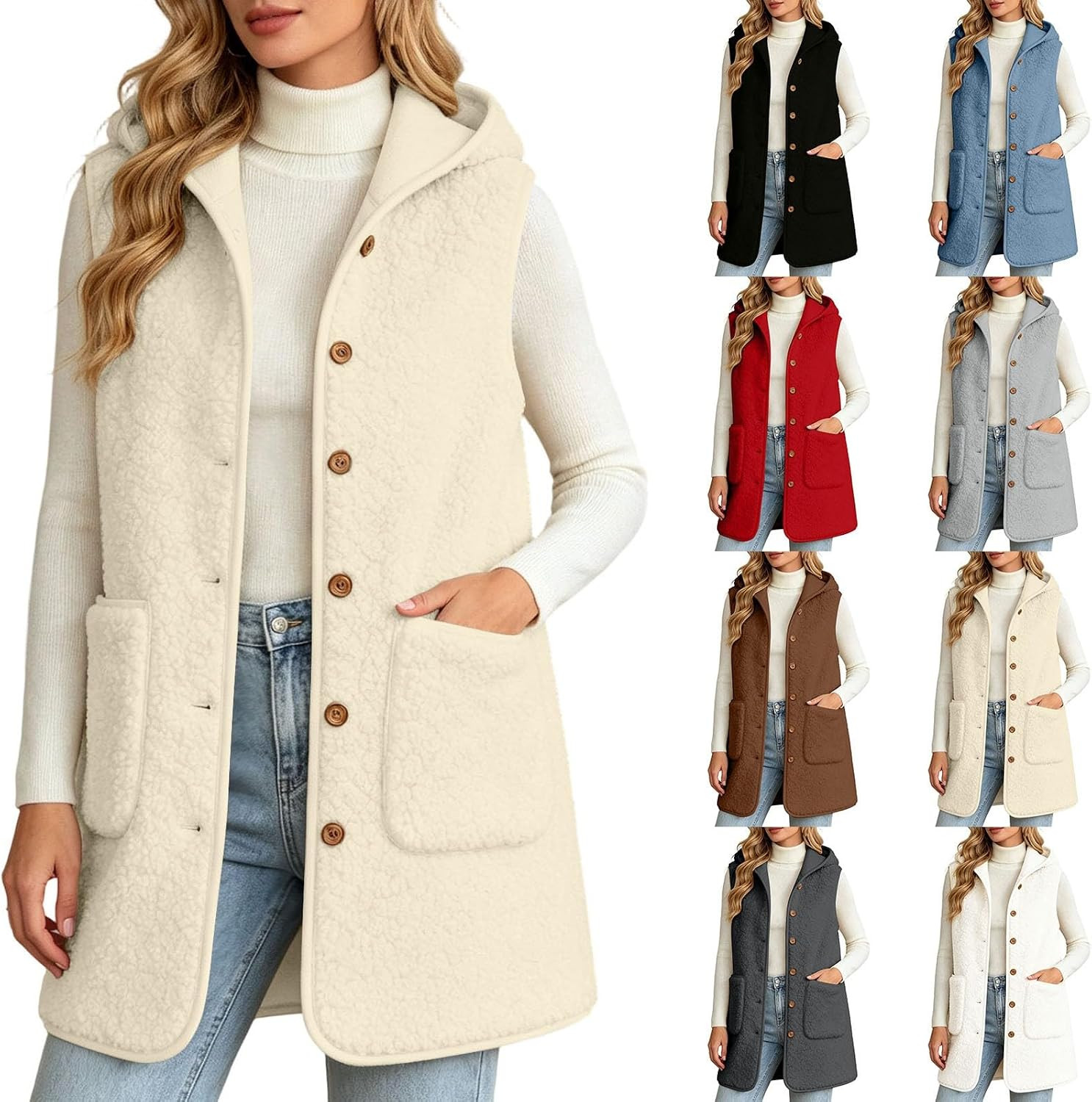 Sharpa Fleece Hooded Vest Women Sleeveless Button Down Long Jackets Vests | Amazon (US)