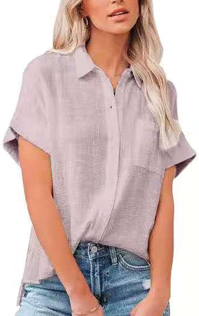 NUOREEL Womens Blouses for Women Button Down Shirts Shorts Sleeve Casual V Neck Shirts | Amazon (US)