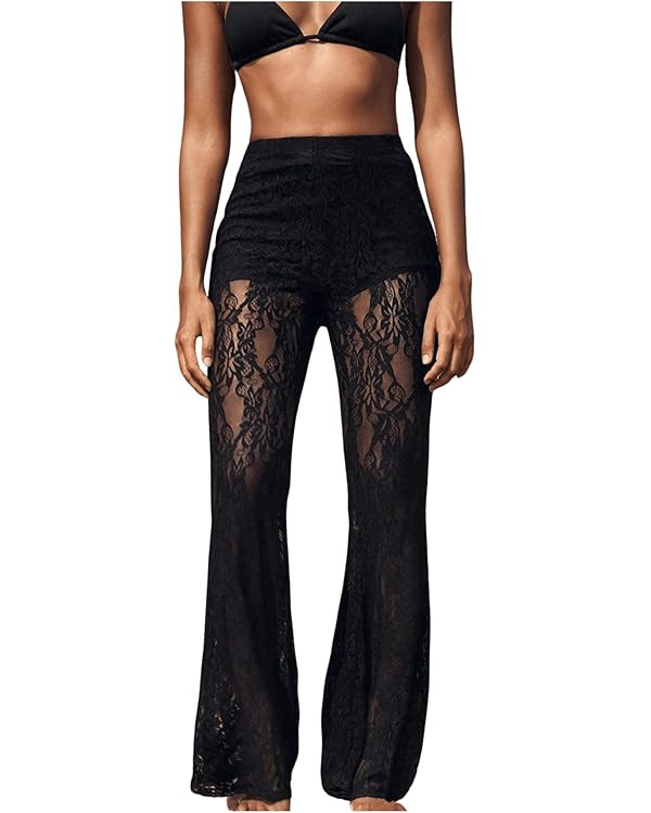 Women's Floral Lace Sheer Mesh Flare Pants Elastic High Waisted Long Trousers | Amazon (US)
