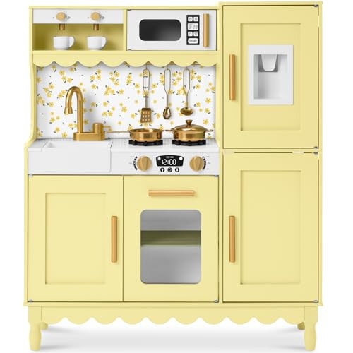 Best Choice Products Play Kitchen for Kids, Cottage Style Kids Kitchen Playset for Toddlers, Pretend Play Toy Kitchen w/ 11Pcs, Espresso Machine, Microwave, Oven, Refrigerator w/Ice - Butter | Amazon (US)