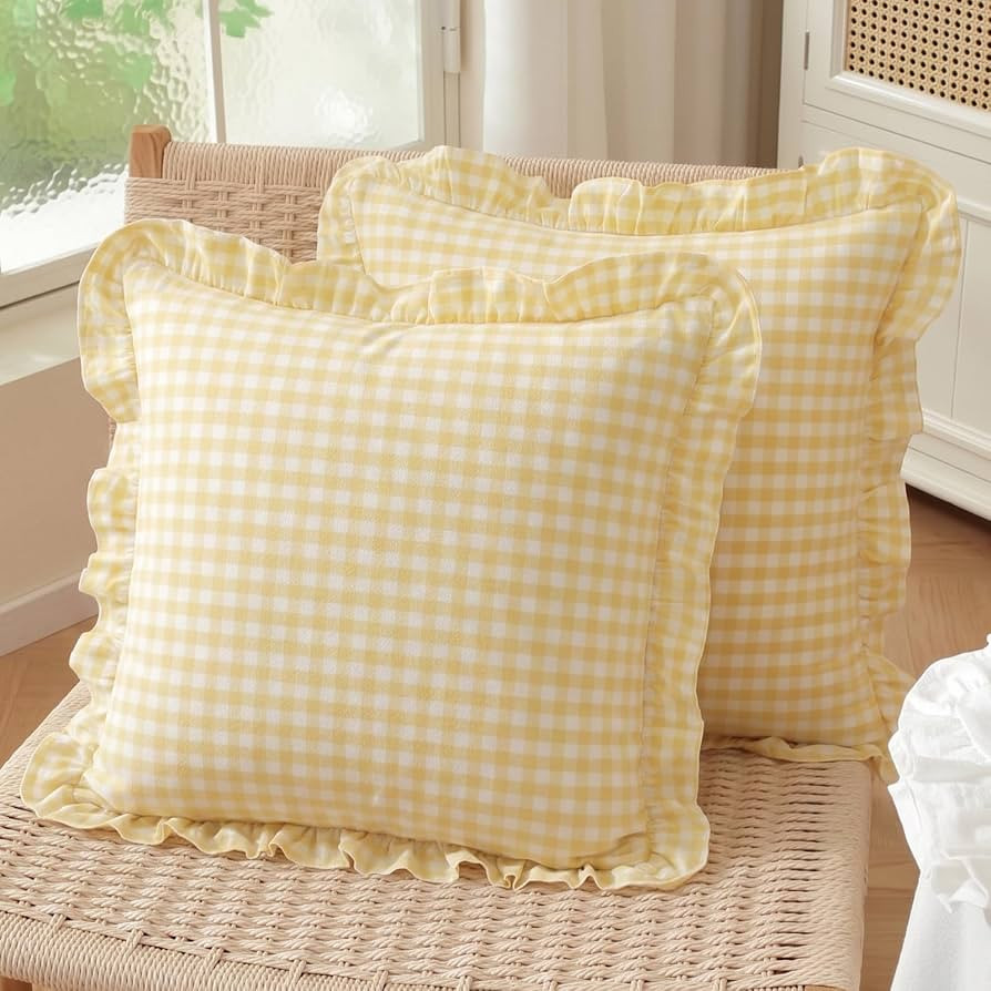 Set of 2 Yellow and White Ruffled Plaid Pillow Covers 18x18 Inch, Checkered Fabric Gingham Pillow... | Amazon (US)