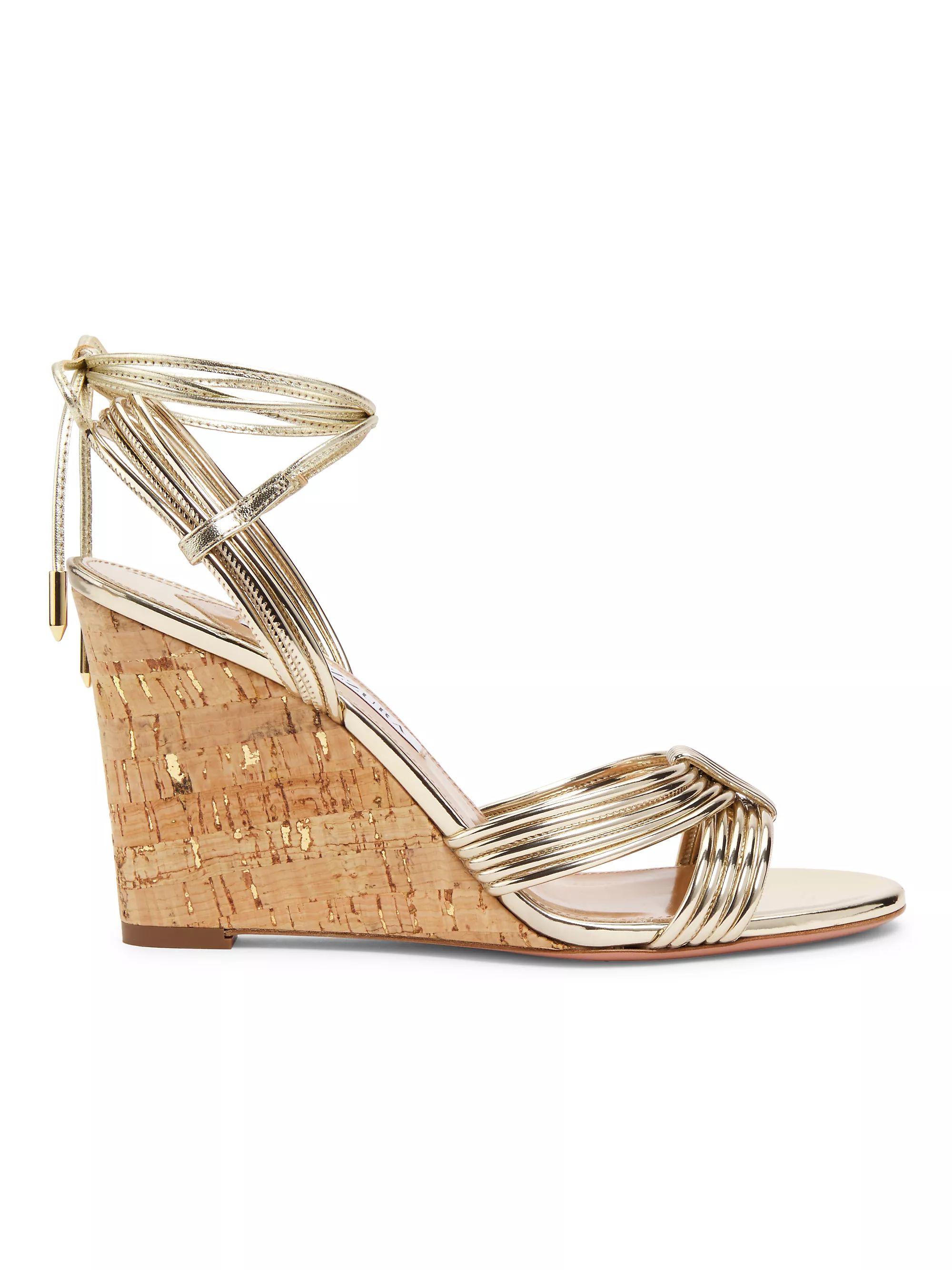 Shop Aquazzura 85MM Strappy Metallic Wedge Sandals | Saks Fifth Avenue | Saks Fifth Avenue