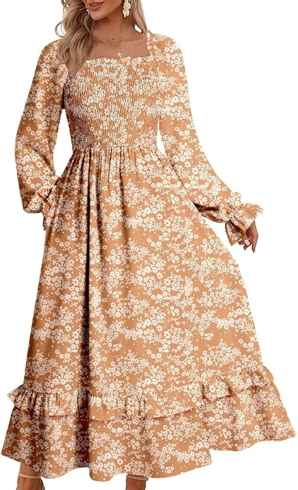 Dokotoo Spring Dresses for Women Casual Floral Square Neck Long Sleeve Smocked Elastic Waist Tier... | Amazon (US)