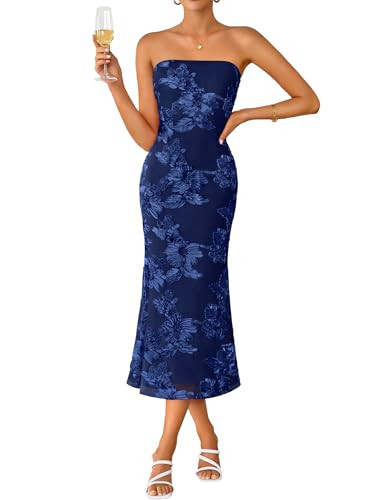 ZESICA Cocktail Wedding Guest Dresses for Women 2026 Summer Strapless Floral Bodycon Mesh Tube Formal Party Midi Dress Navy X-Large | Amazon (US)