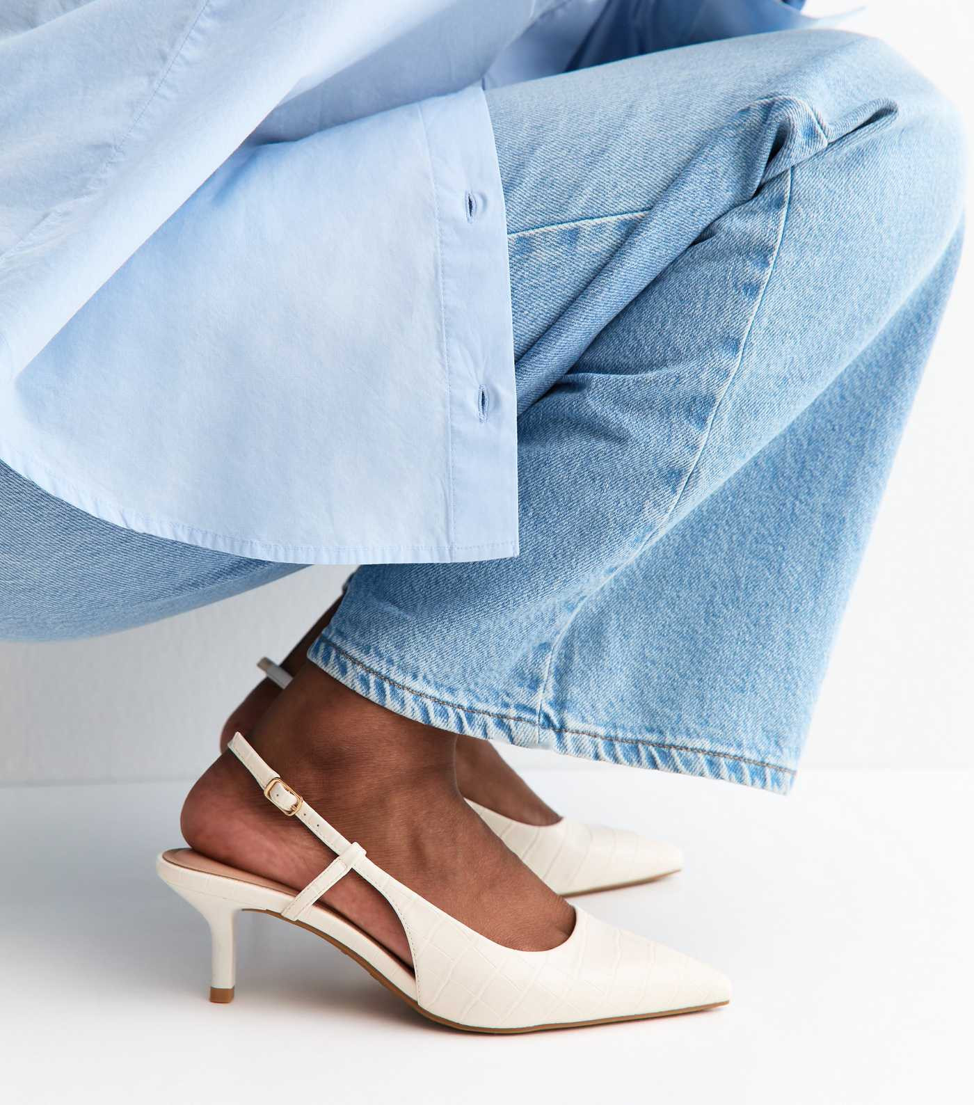 White Faux Leather Croc Embossed Slingback Court Shoes | New Look | New Look (UK)