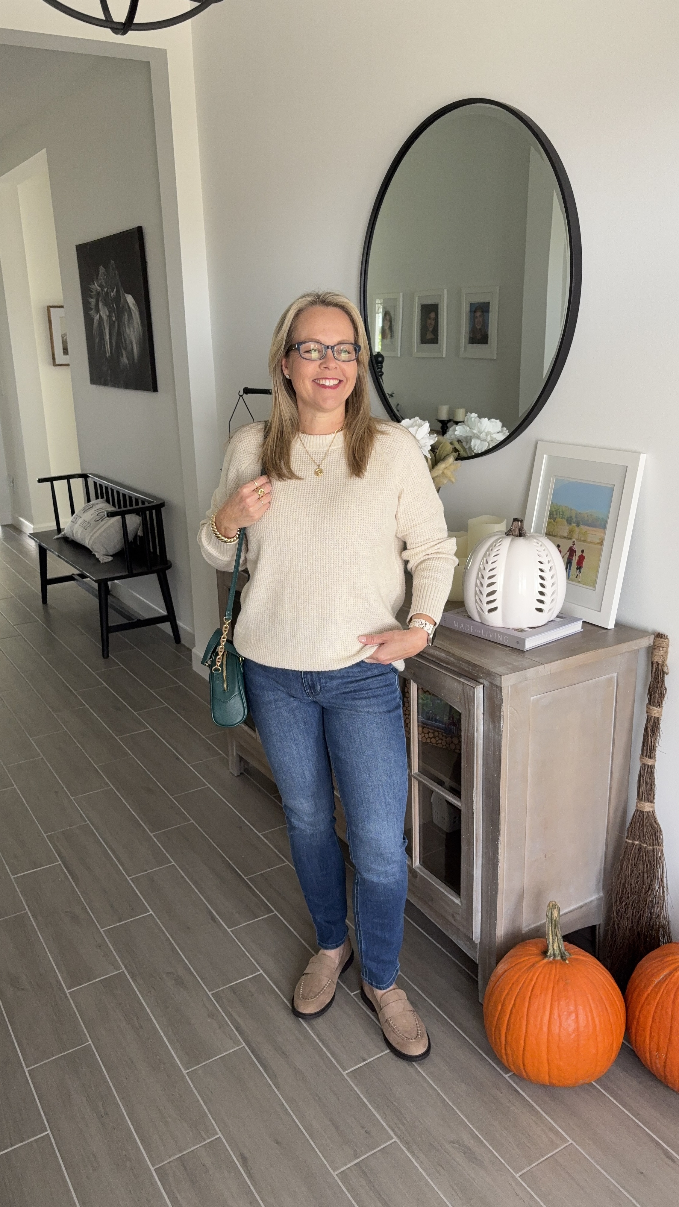 Old Navy high waisted Wow ankle straight leg jeans with so soft cozy sweater and loafers. 