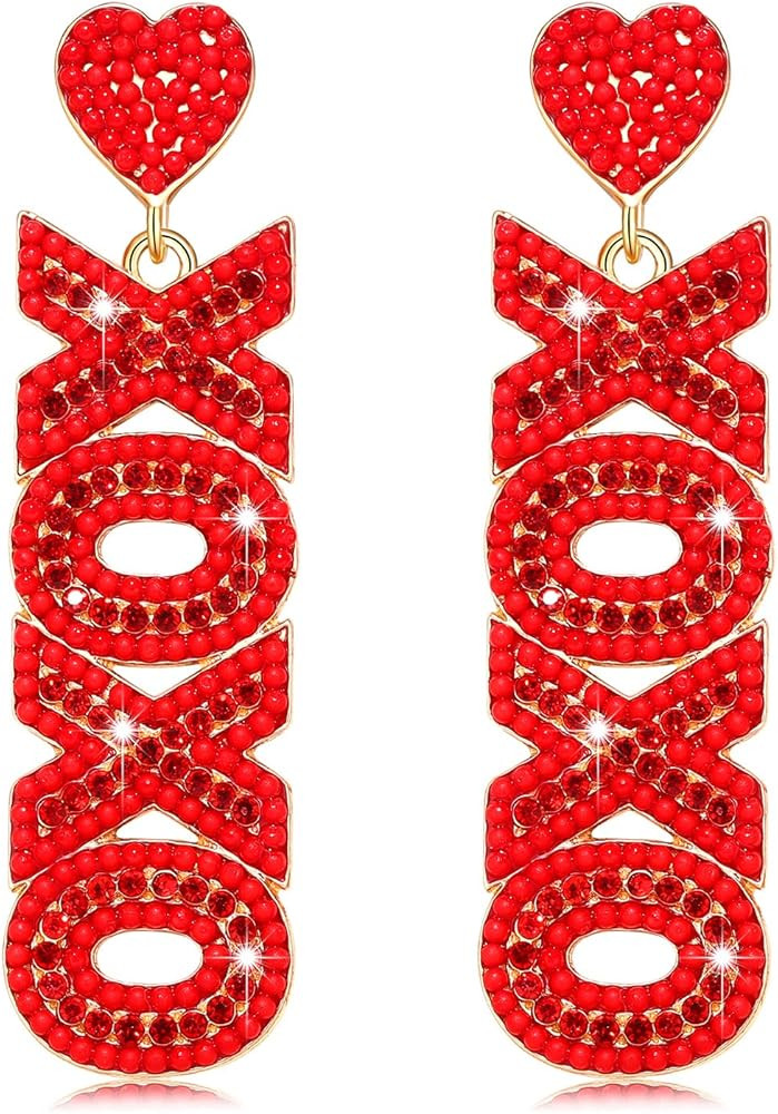 Valentine’s Day Earrings, Beaded Heart Earrings for Women Rhinestone Glitter XOXO LOVE Earrings... | Amazon (US)