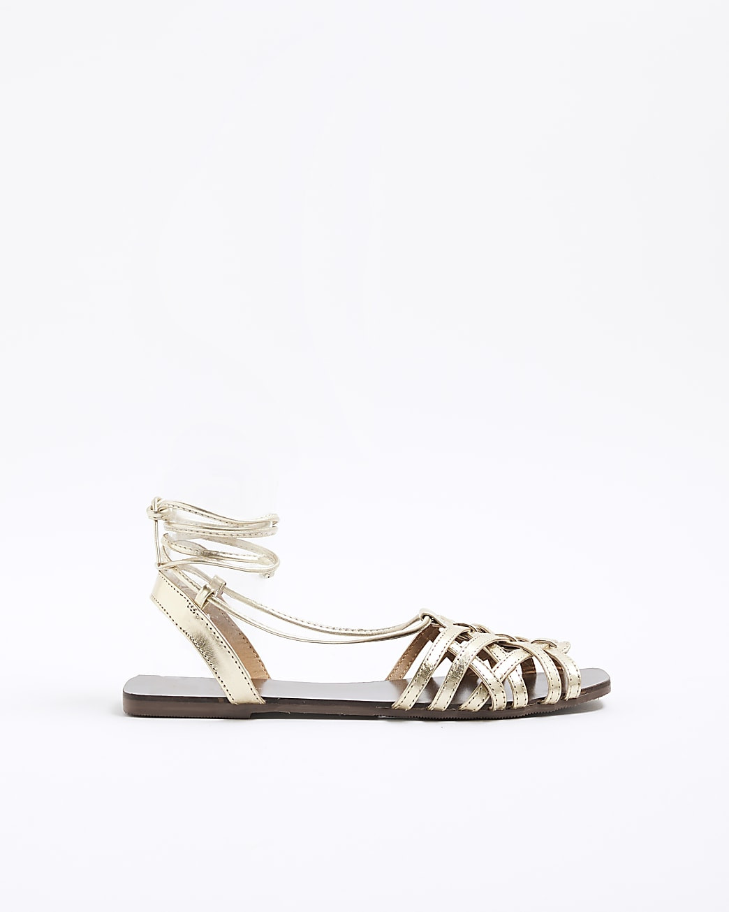 Gold Leather Wide Fit Caged Tie Up Sandals | River Island UK & IE