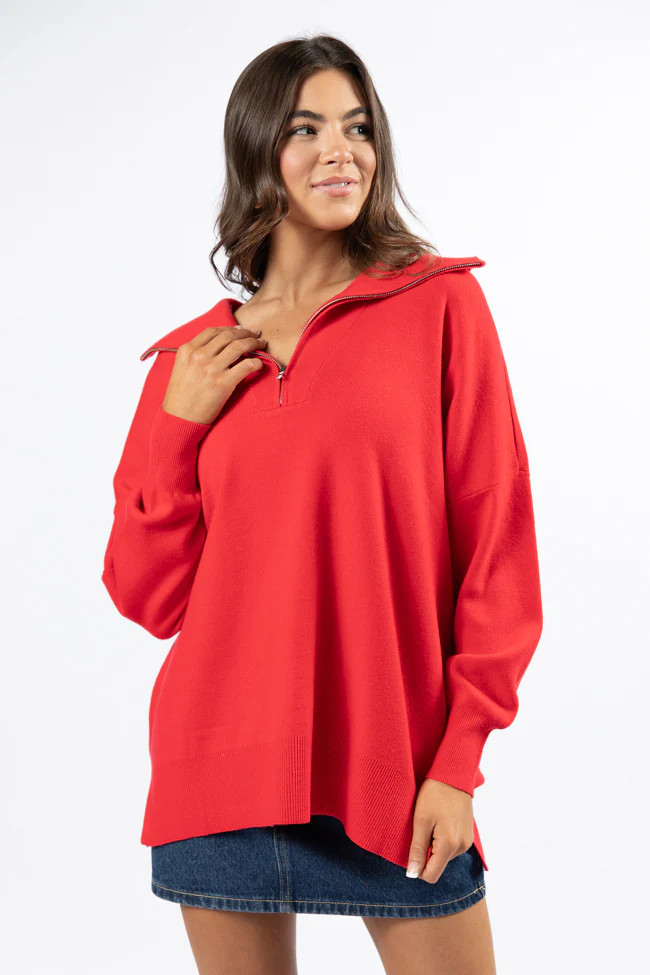 Pulling Heartstrings Red Quarter Zip Pullover | Pink Lily