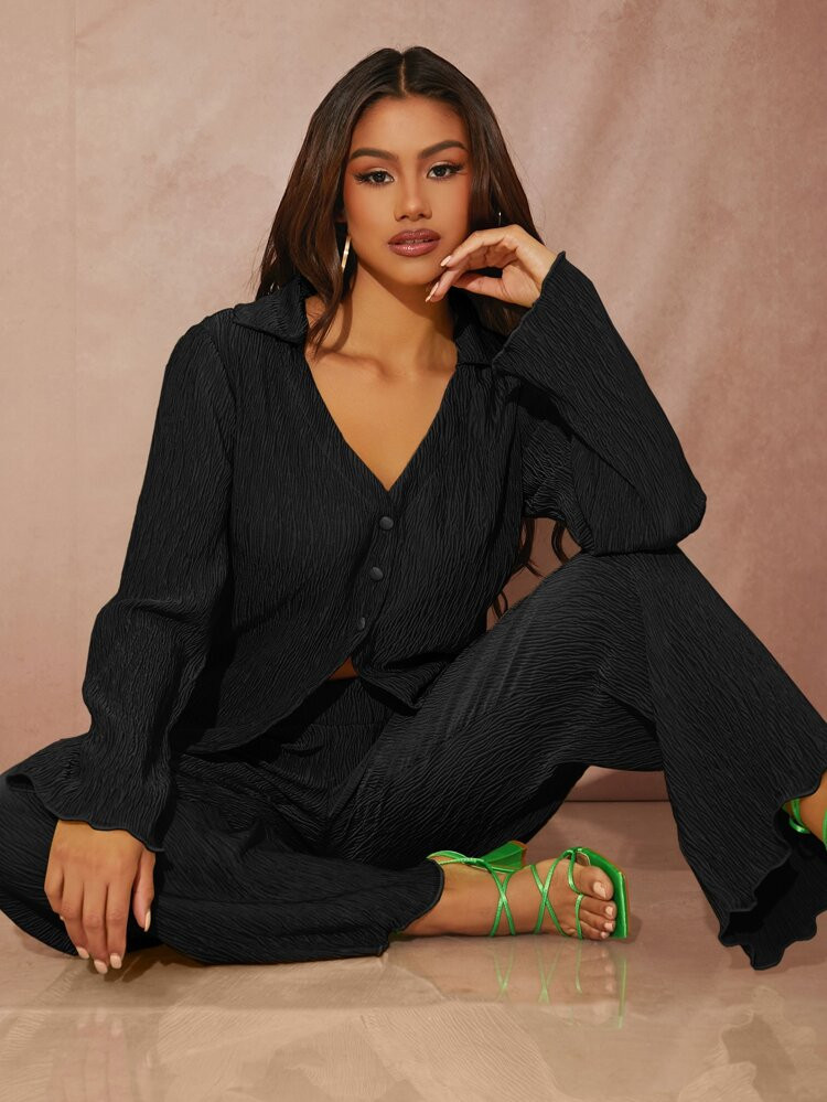 SHEIN Unity Button Front Lettuce Trim Shirt & Wide Leg Pants Set | SHEIN