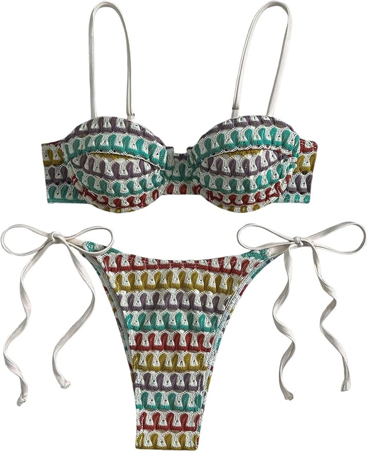 SHENHE Women's Bikini Sets Underwire Top Crochet Striped Tie Side String Swimsuits 2 Piece | Amazon (US)