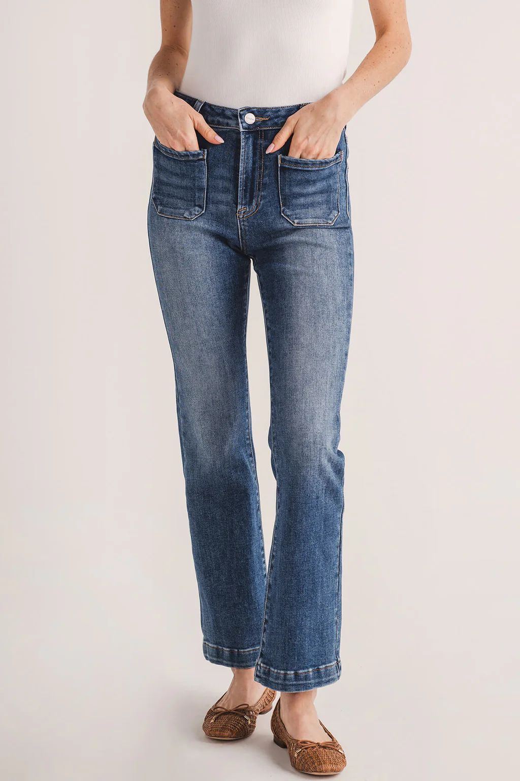 Risen Camille High Rise Patch Pocket Straight Jeans | Social Threads