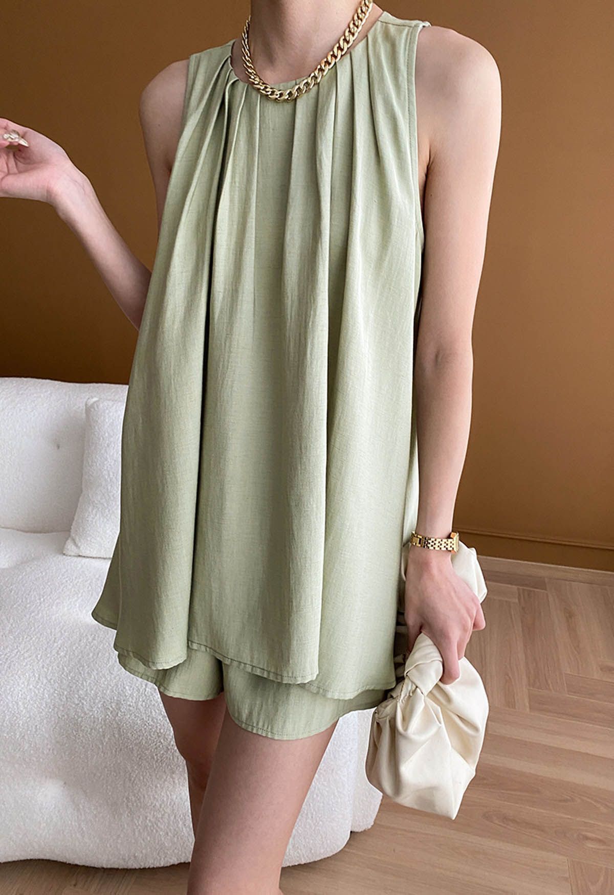 Pleats Sleeveless Top and Shorts Set in Pea Green | Chicwish